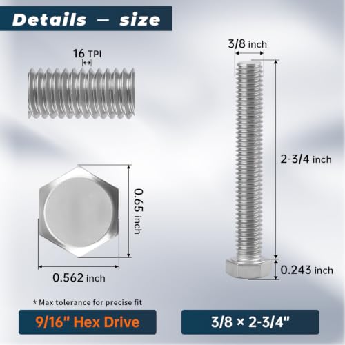 Image of 6 Sets Glvaner 3 /8-16 x 2-3 /4 inch Stainless Steel Hex Head Screws Bolts, Nuts, Flat & Lock Washers, 18-8 (304) Stainless Steel, Full Thread, Coarse Thread