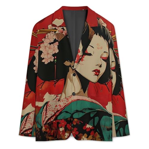 Geisha Japanese Flag Mens Suit Jacket Lapel Blazers V Neck Button Business Coat Tuxedo for Wedding Party3