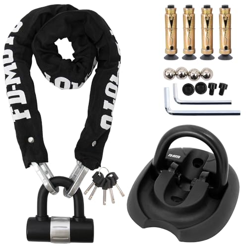 FD-MOTO 1.8M*10mm Steel Heavy Duty Motorbike Motorcycle Chain Lock Padlock + Hardened Steel Ground Wall Chain Anchor