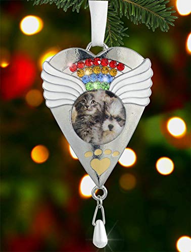 Pet Memorial Christmas Ornament - Rainbow Bridge - Silver Heart Shaped Ornament - Photo Opening with Rainbow Crystals - Holds a 1.25" D Picture