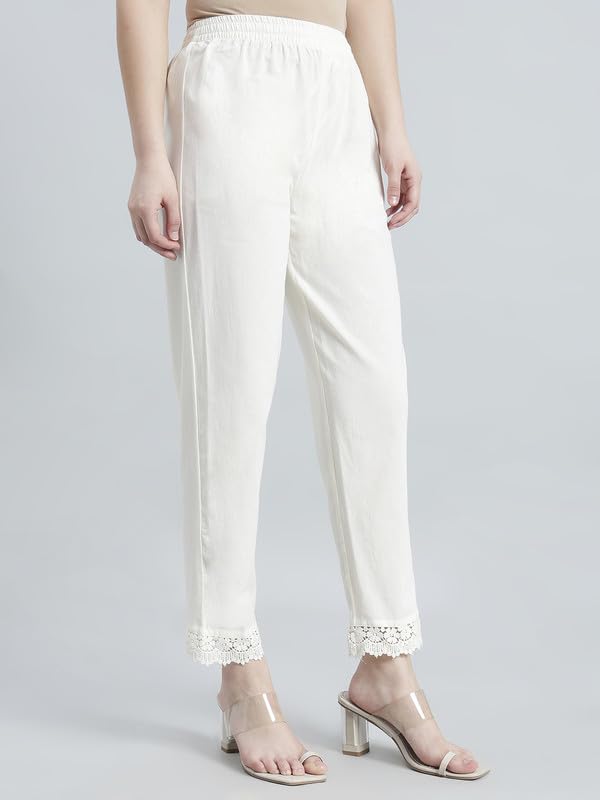 Image of GO COLORS Soft Cotton Lace Pencil Pant Full Length for Women| Mid-Rise, Breathable