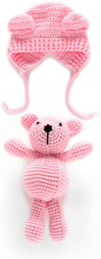 KTM Healthcare® Baby Knit Bear Hat with Bear Dolls Photography Props Accessories Earflap Cap Beanie for Infant Toddler Girls Boys Pink