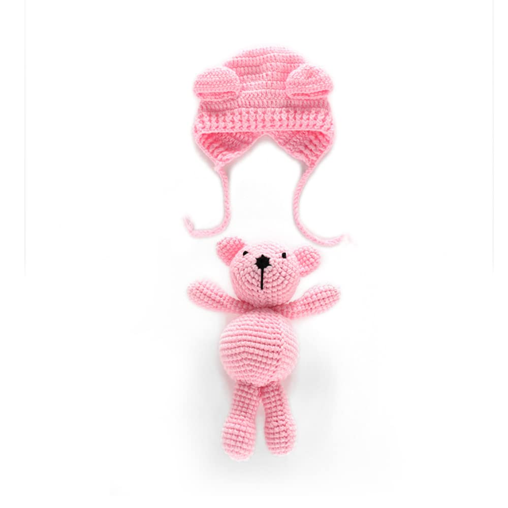 KTM Healthcare® Baby Knit Bear Hat with Bear Dolls Photography Props Accessories Earflap Cap Beanie for Infant Toddler Girls Boys Pink
