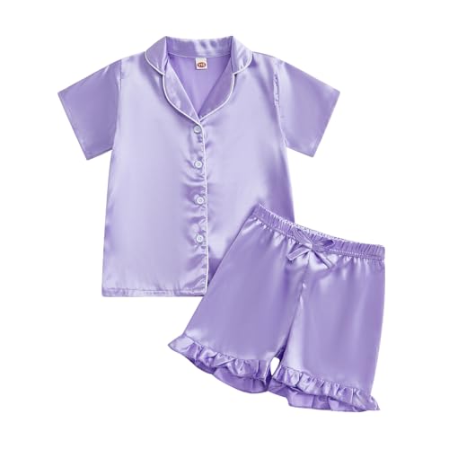 Babieshouse Toddler Girls Pajamas Sets Fashionable Ruffled Lapel V Neck Short Sleeve Tops with Solid Color Shorts 2Pcs Sleepwear (Purple, 5-6 Years)