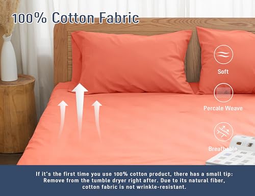 Pillow Cases, King Size Cotton Percale Weave Pillowcases, Pre-Shrunk Breathable and Hypoallergenic Pillowcases, Set of 2 (2 Piece King 20 Inch x 40 Inch, Coral)