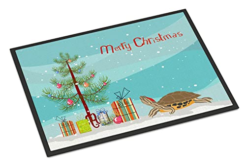 Caroline's Treasures CK4543JMAT Pond Slider Turtle Merry Christmas Doormat 24x36 Front Door Mat Indoor Outdoor Rugs for Entryway, Non Slip Washable Low Pile, 24H X 36W