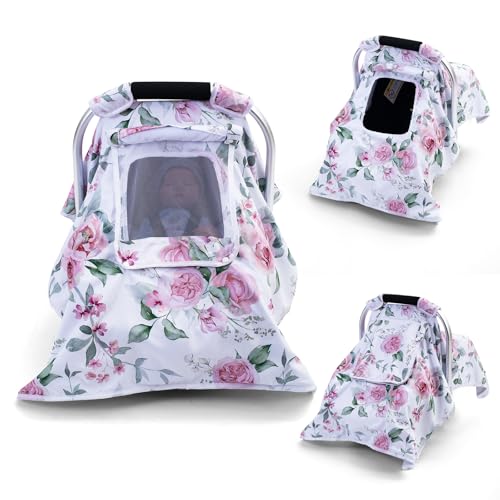 Image of Baby Car Seat Cover, Infant Car Seat Cover with 2 Layer Windows, Breathable Baby Carrier Sun Shade Cover, Windproof Car Seat Canopy Weather Shield for Newborn
