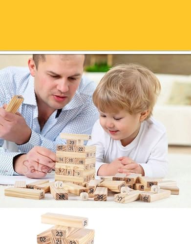 Image of Wooden Building Blocks Puzzle Game 54 Pcs Challenging 4pcs Dice Wooden Blocks Stacking Game Maths,Tumbling Tower 54 Pcs with 4 Dices Game for Adults & Kids.