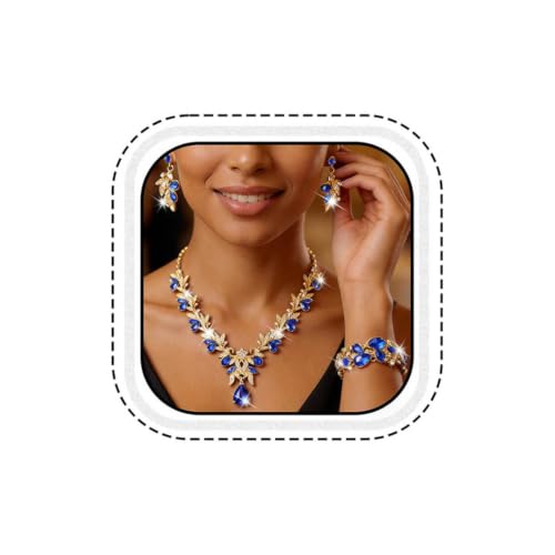 Unicra Gold Blue Jewelry Sets Rhinestone Wedding Necklace Earrings Bracelet Set Prom Formal Indian Costume Jewelry for Women and Brides (Blue) by Unicra - Used condition - US$12.16