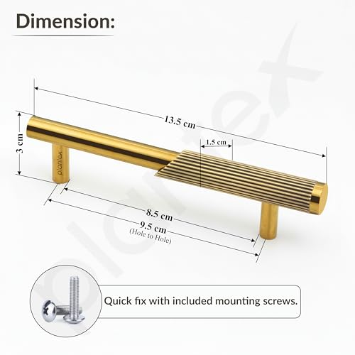 Image of Plantex Stainless Steel & Aluminium Cabinet Handle /96mm Wardrobe Door Handle /Cupboard Pull-Push Handles for Home /Office - Pack of 1 (Brass Antique & Gold)