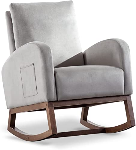 Image of Rocking Chair Nursery Glider Rocker Chair High Backrest Upholstered Velvet Accent Armchair with Side Pocket for Living Room Bedroom Office (Grey)