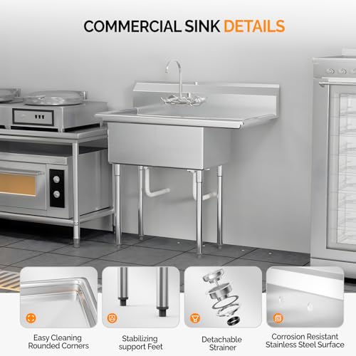 image for ROVSUN Commercial Sink, Stainless Steel with 3 Compartment and Right S
