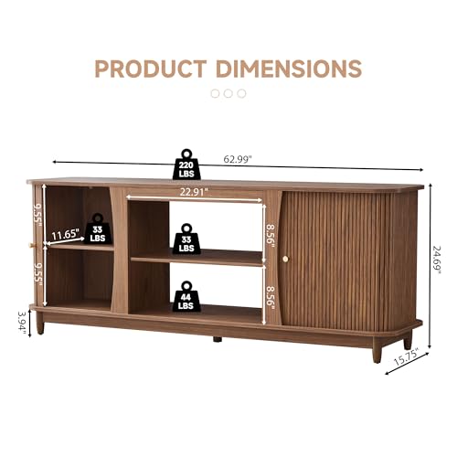Image of TV Stand, Fluted Media Console Table with Storage and Sliding Door, Farmhouse Entertainment Center for Living Room, Home Office (Walnut-No Fireplace)