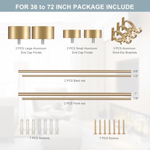 Lwiiom Double Blackout Curtain Rods 36 to 72 Inches (3-6 Feet),1-Inches Front and 5/8 Inches Back Adjustable End Cap Double Window Drapery Rod for Drapes and Curtains,Warm Gold