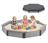 64''x56''x9'' Wooden Octagon Sandbox with Cover, Large Sandpit for Kids Outdoor Patio Backyard Play, Easy & Quick Assemble
