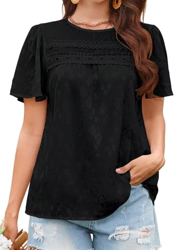 Tops for Women 2025 Boho Floral Blouses Short Puff Sleeve Shirts Summer Flowy Crew Neck Casual Peasant Lace Clothing