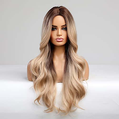 Piaou Long Ombre Blonde Wig For Women 26 Inches Synthetic Blonde Wavy Wigs Middle Part Heat Resistant Hair Long Blonde Wig For Daily Party Wear #TOP1