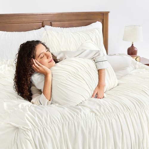 Image of Andency Ruched Ivory Queen Size Comforter Set, Shabby Chic Pleated Bedding Sets 3 Pieces, Lightweight Soft Boho Ruffle Bed Set for Girls, Kids, Women, All Season