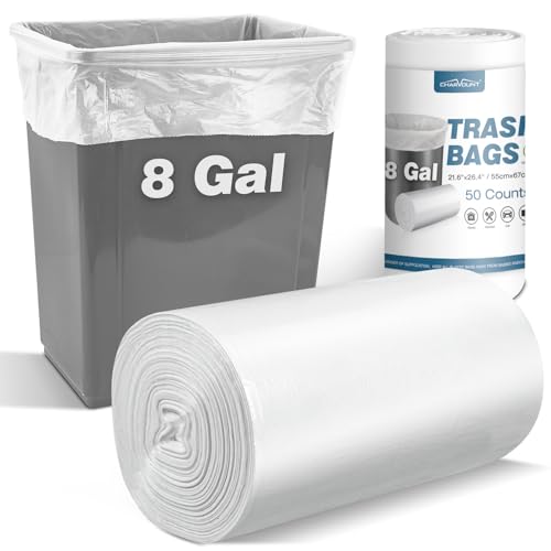 Charmount 8 Gallon Trash Bags, 50 Count Medium Garbage Bags Trash Can Liners for Bathroom Kitchen Office, Clear, Unscented