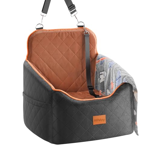 HiPetpy Hunde Autositz –Autositz mit Decke & dickem Kissen für kleine Hunde bis 14 kg/30 lb, Erhöhtes Design mit Sicherheitsleine, rutschfestes Hundebett fürs Auto mit Aufbewahrungstaschen (Braun)