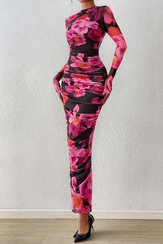 Image of PRETTYGARDEN Long Sleeve Maxi Dresses for Women Wedding Guest Fall Outfits | Ruched Bodycon Dress Long, Floral Mesh, Date Night, Formal Cocktail Party, Homecoming Holiday Dresses