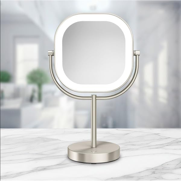 Makeup Mirror with LED Double-Sided 1x/10x Magnification - 3 Light Settings, 360° Rotation, Rechargeable.