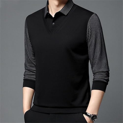Men's Striped Lapel Fake Two-Piece Shirt Long Sleeve, Fake 2-Piece Knitted Shirt, Casual Sweater Polo Shirts2