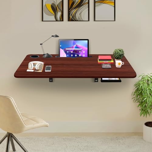 Image of wow craft Wall-Mounted Multipurpose Study Table for Home & Office | Foldable Wooden Desk with Drawer, Cable Slot & Cup Holder | Space Saving Workstation (Brownn)