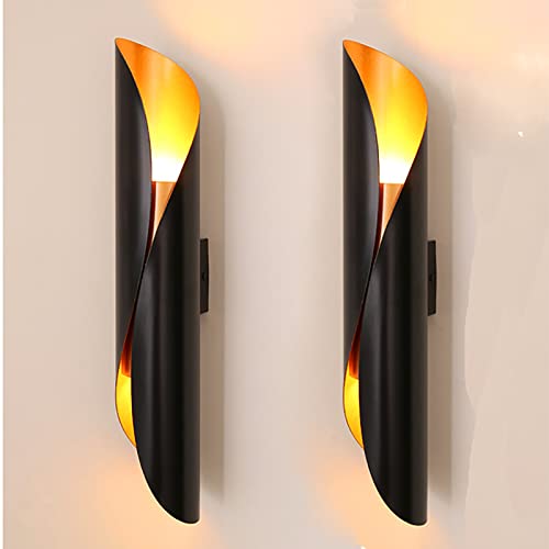 Aplique de pared LED moderno en espiral negro para interiores, juego de 2 luces de montaje en pared hacia arriba y hacia abajo para sala de estar, dormitorio, pasillo, invernadero, blanco cálido 3000