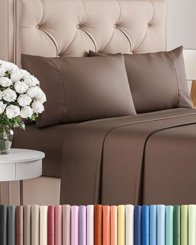 Image of Twin 4 Piece Bed Sheet Set - Comfy, Breathable & Cooling Sheets - Brown | Ultra Soft Hotel Luxury Bedding Set with 8-16 Inch Deep Pockets, 1 Flat & 1 Fitted Sheet & 2 Pillowcases, Wrinkle & Fade Free