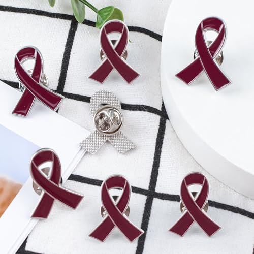 Image of WANDIC 50 PCS Burgundy Multiple Myeloma Awareness Ribbon Pins, Silver Back Sickle Cell Anemia Awareness Ribbon Brooche for Charitable Fundraising,2.5cm*2cm