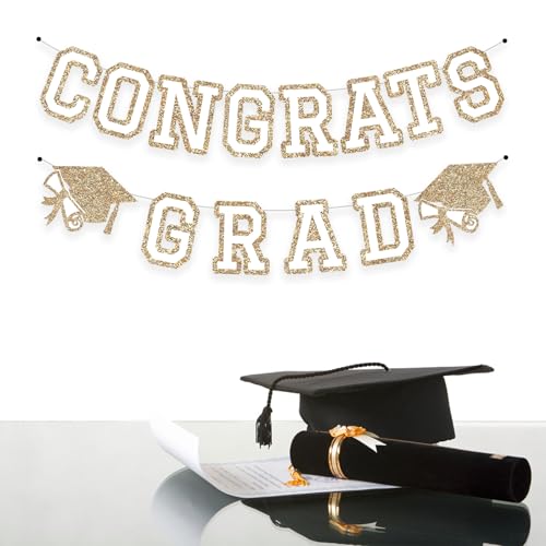 Image of Congrats Grad Banner Graduation Party Banner Decoration Hanging Garland High School College Backdrop Supplies Gold