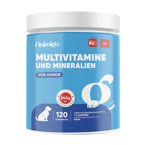 animigo 18 in 1 Vitamine für Hunde - 120 Multivitamine Kausnacks - Mit Vitamin B Komplex, C, D3, Kalzium, Eisen, Kupfer, Jod, Zink - Mineralien & Vitamine Snacks für Hunde & Welpen Immunität