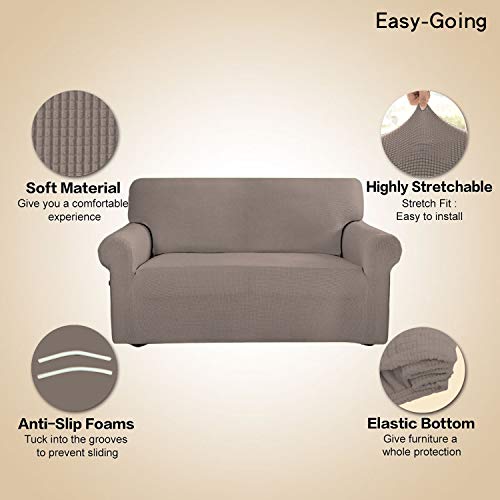 Image of Easy-Going Stretch 4 Seater Sofa Slipcover 1-Piece Sofa Cover Furniture Protector Couch Soft with Elastic Bottom for Kids, Polyester Spandex Jacquard Fabric Small Checks Taupe