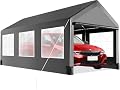 10 * 20 Heavy Duty Carport Canopy, MERXENG Portable Car Tent Garage with 6 Roll-up Windows and All-Season Tarp Cover, Metal Roof & 4 Sandbags for Car, SUV, Truck & Boat, White