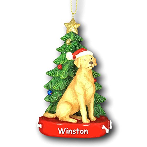 Kurt Adler Personalized Yellow Lab Labrador Retriever Dog with Santa Hat and Glittered Christmas Tree Hanging Christmas Ornament with Custom Name - 4.25 Inches
