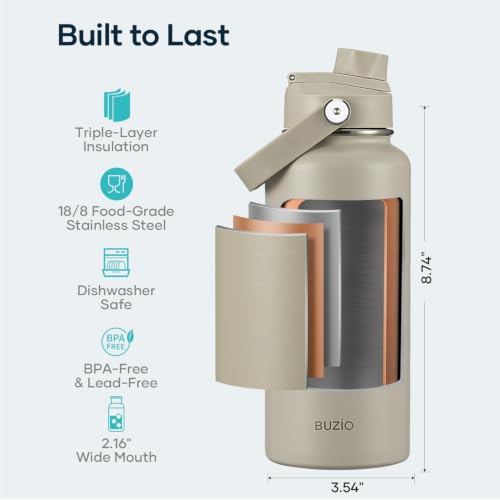 Image of BUZIO Insulated Stainless Steel Water Bottle 32 oz with Straw & Spout Lids