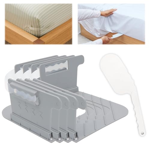 CONAMEI Bed Sheet Holder for Corner Heavy Duty Bed Fitted Sheets Locks Set with Sheet Tuck-in Tool Easy to Install for One Person Fits All Mattress Sizes Tight & No Slip,Grey