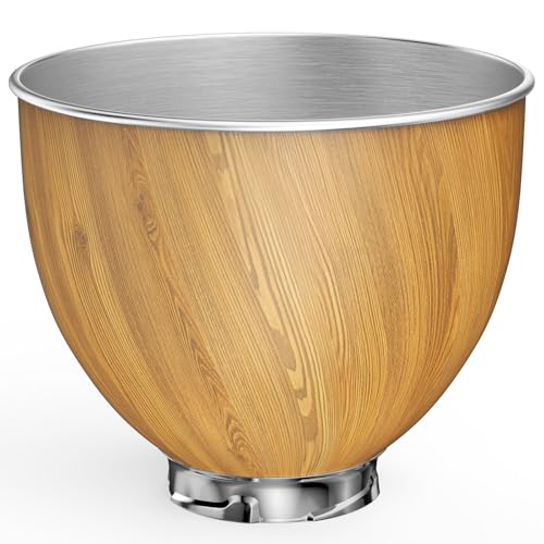Image of 5QT Stainless Steel Mixer Bowl Compatible with Kitchen aid Stand Mixers Kitchenaid Replacement Bowl for 4.5-5 QT Tilt-Head Mixer with Handle, Wood Grain