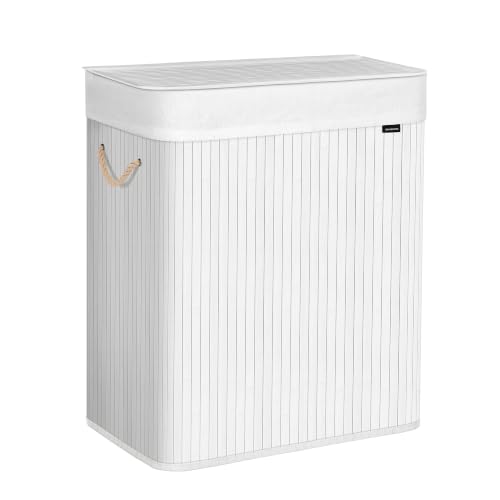 SONGMICS Cesto Portabiancheria, 100 L, Cesta Biancheria a 2 Scomparti in Bambù, Coperchio, Maniglie, Pieghevole, Sacco Rimovibile e Lavabile in Lavatrice, Lavanderia, Casa, Bagno, Bianco LCB64WT