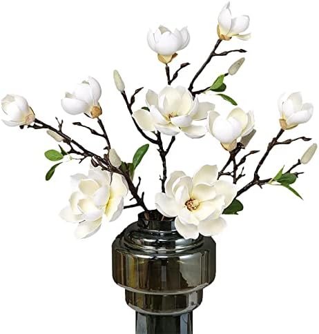 3PCS Artificial Magnolia Flowers Realistic Long Stem White Silk Magnolia with Green Leave Floral Arrangements for Tall Vase, Home Office Wedding Party Table Centerpiece
