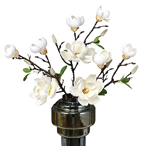 3Pcs Artificial Magnolia Flowers Realistic Long Stem White Silk Magnolia With Green Leave Floral Arrangements For Tall Vase, Home Office Wedding Party Table Centerpiece #TOP13