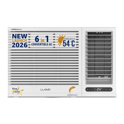 Image of Lloyd 1.5 Ton 3 Star Side Throw Inverter Window AC (6 in 1 Convertible, Cools Up To 54C, Turbo Cool, Feather Touch Control, Remote Control Operation, LED Display, 100% Copper, White, GLW18I3AGSPR)