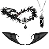 MWOOT Tocado de Elfo Orejas de Elfo Collar con Colgante de Cristal Negro, Corona y Orejas de Hada del Bosque, Disfraz Accessorios de Hada Oscuro para Carnaval Halloween Renacimiento Cosplay