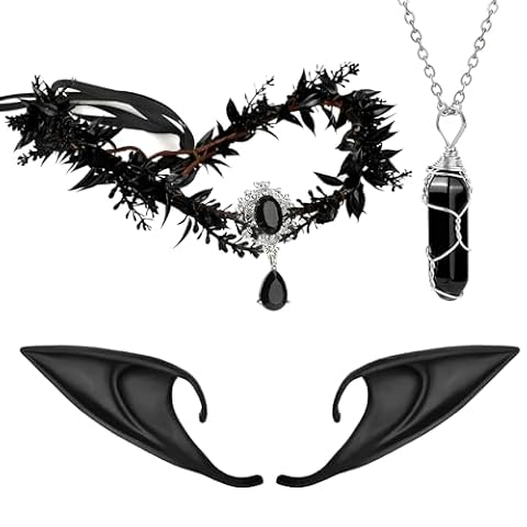 MWOOT Czarne elfy ozdoba głowy elfów w stylu vintage, kryształowy wisiorek, korona leśna wróżka z elfami, zestaw akcesoriów do kostiumu elfów, na karnawał, Halloween, cosplay, imprezę reneesansową