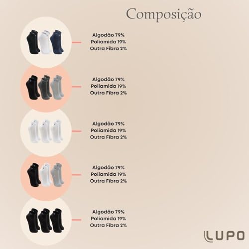 Kit 9 Pares Meias Masculina Lupo Cano Curto Sport Algodão Original 3225 (M 37 a 40, Brancas)