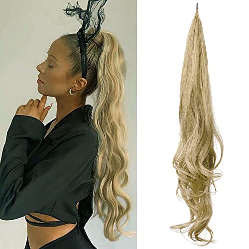 Belle Show Flexible Wrap Around PonyTail 32inch Length Synthetic Ponytail Extensions Blonde ponytail Hairpieces For Women Daily Use(M8/25)