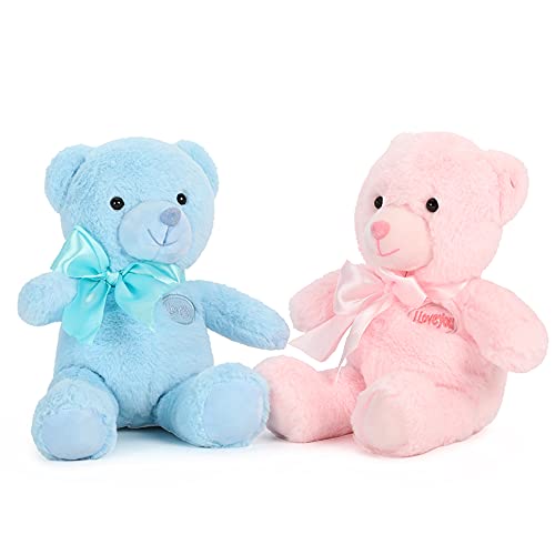 Tezituor Small Teddy Bear Stuffed Animals, Pack Of 2 Cute Bear Plush With Bow Tie For Boy Girl Kids, Pink And Blue Stuffed Bear For Baby Shower Christmas Valentines Day #TOP2