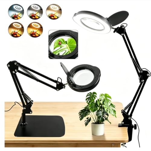 Image of 15X Magnifying Glass with Light and Stand, LED Desk Lamp with Base and Clamp, 5 Color Mode, 10 Dimmable Levels, Hands-Free Magnifying Glasses for Reading, Close Work, Crafts, Jewelry
