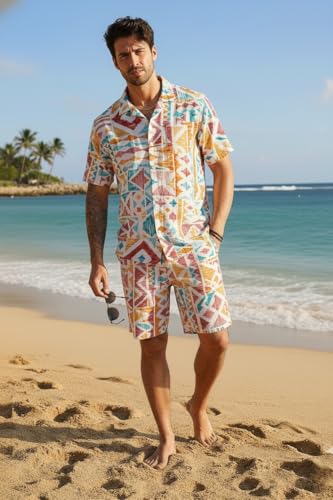 Image of Zilcon Men's Matching Set Summer Beach 2 Piece Outfits Floral and Palms Button Down Shirts and Shorts Goa Vacation Outfits